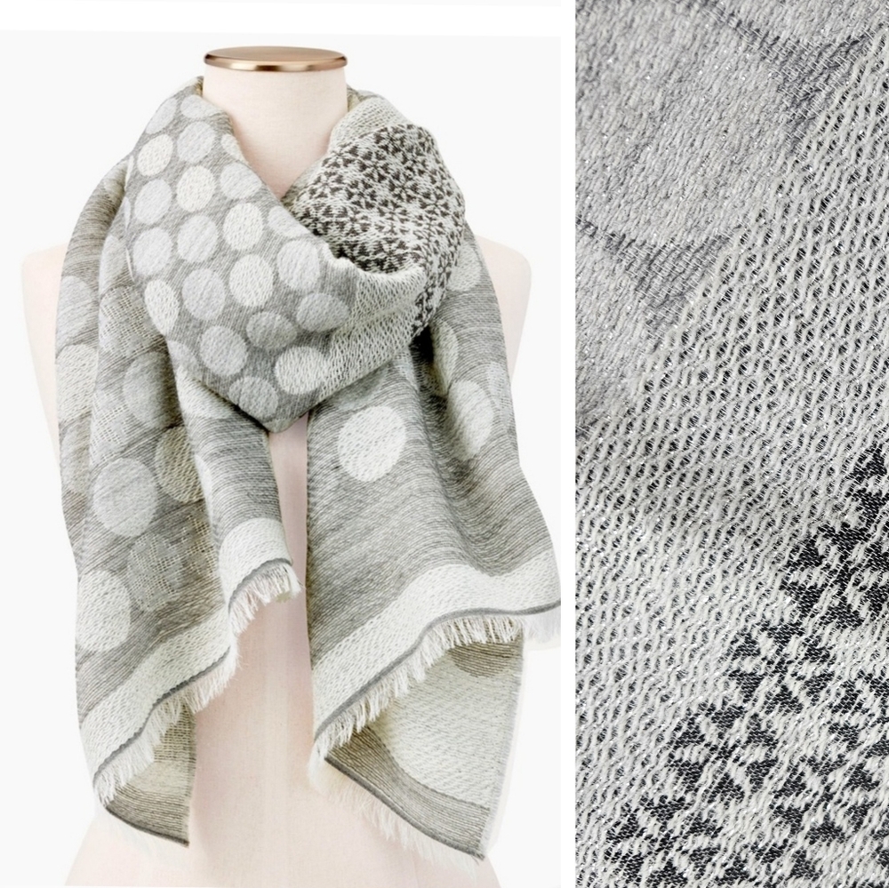 Talbots shimmer Polka dots snowflakes oblong metallic silver grey scarf Italy